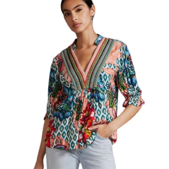 Anthropologie Bl^nk Stephanie Embroidered V-Neck Floral Ikat Top - XXS - Picture 1 of 16